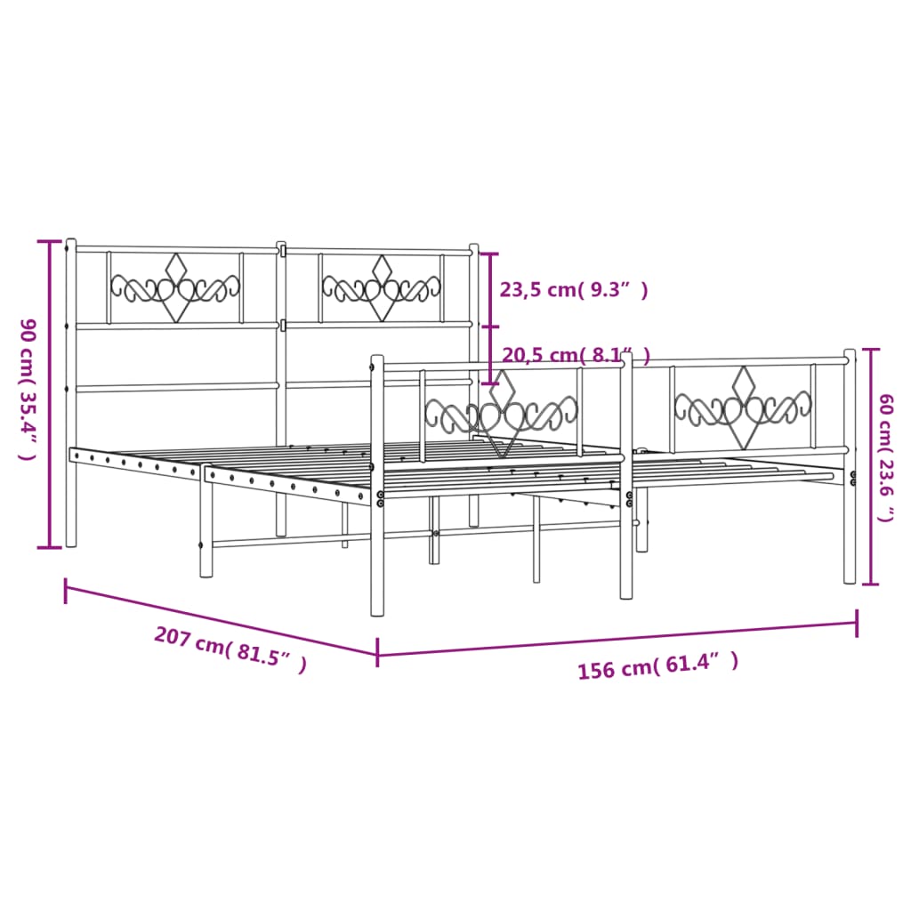 vidaXL Sängram med huvudgavel och fotgavel svart metall 150x200 cm