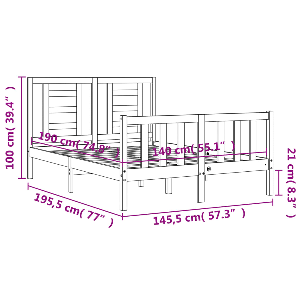 vidaXL Sängram med huvudgavel vit 140x190 cm massivt trä