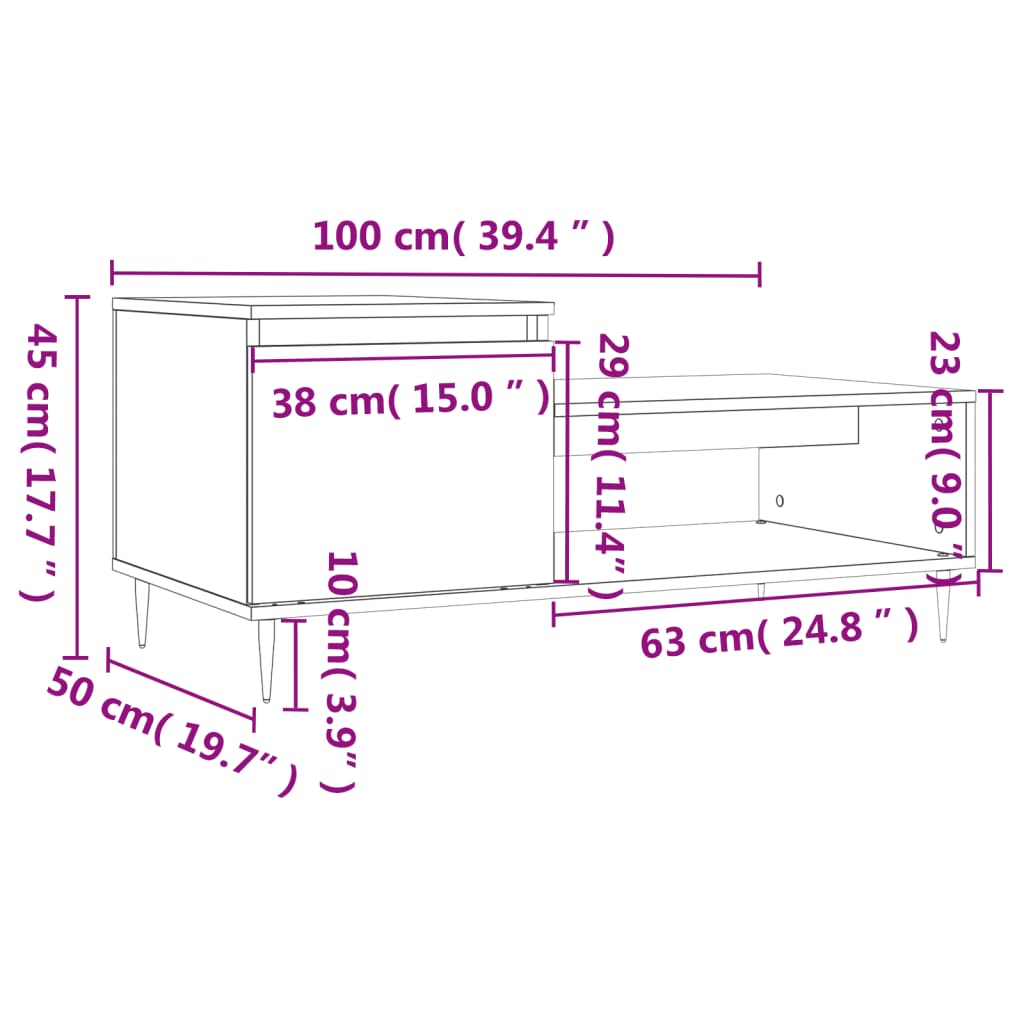 vidaXL Soffbord brun ek 100x50x45 cm konstruerat trä