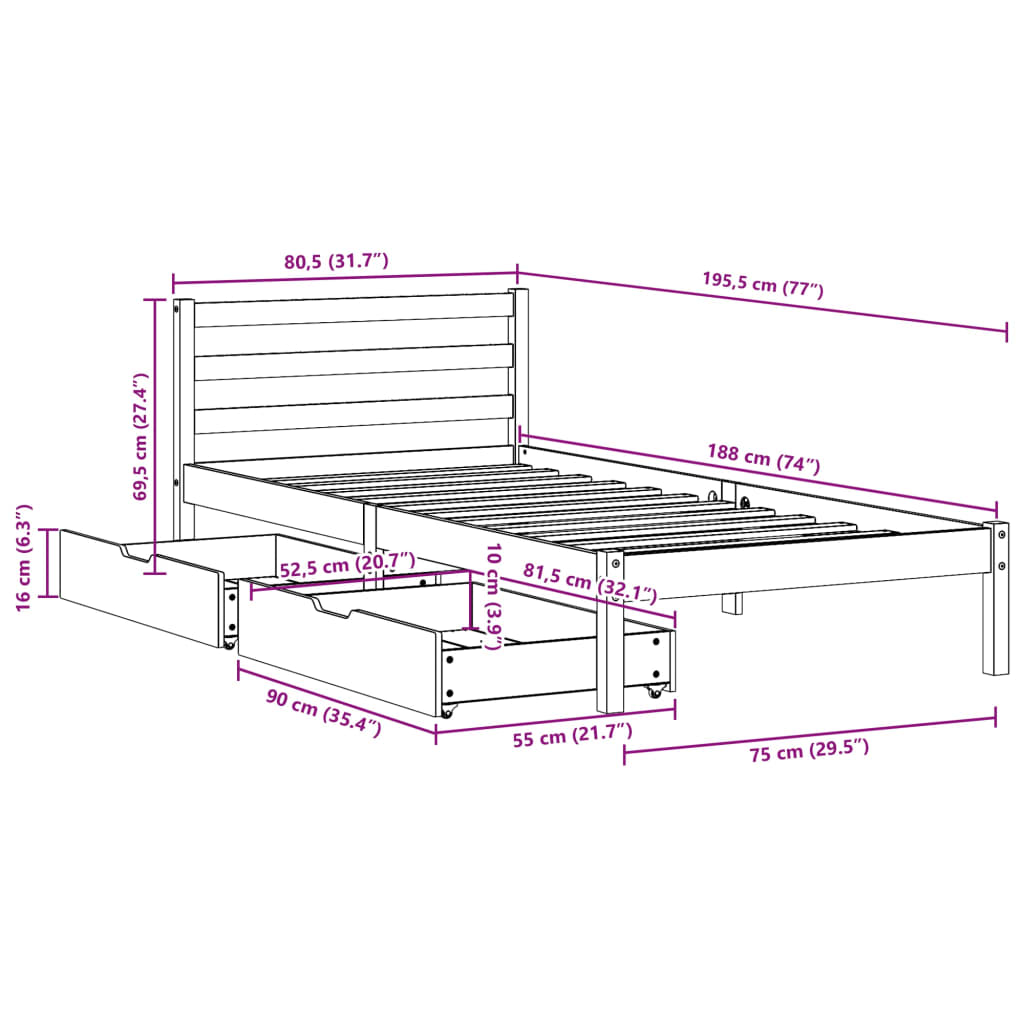 vidaXL Sängram utan madrass vit 75x190 cm massiv furu