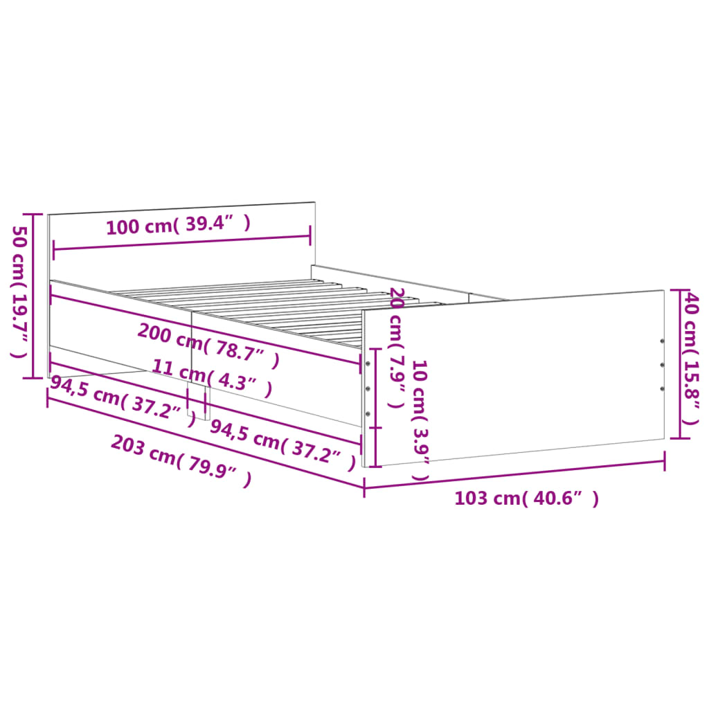 vidaXL Sängram utan madrass sonoma-ek 100x200 cm konstruerad trä