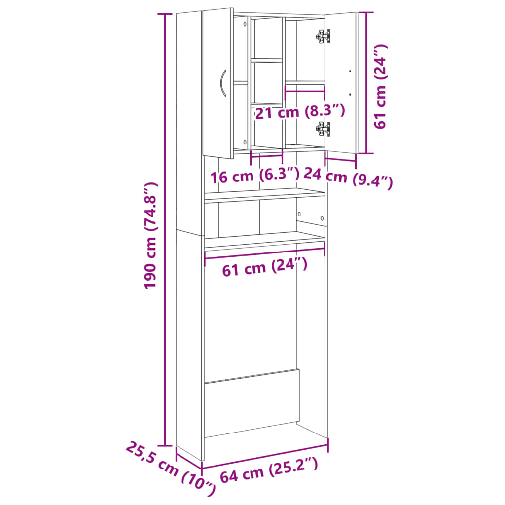 vidaXL Tvättmaskinsskåp sonoma-ek 64x25,5x190 cm