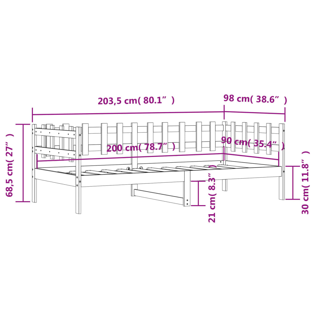 vidaXL Dagbädd utan madrass 90x200 cm massiv furu