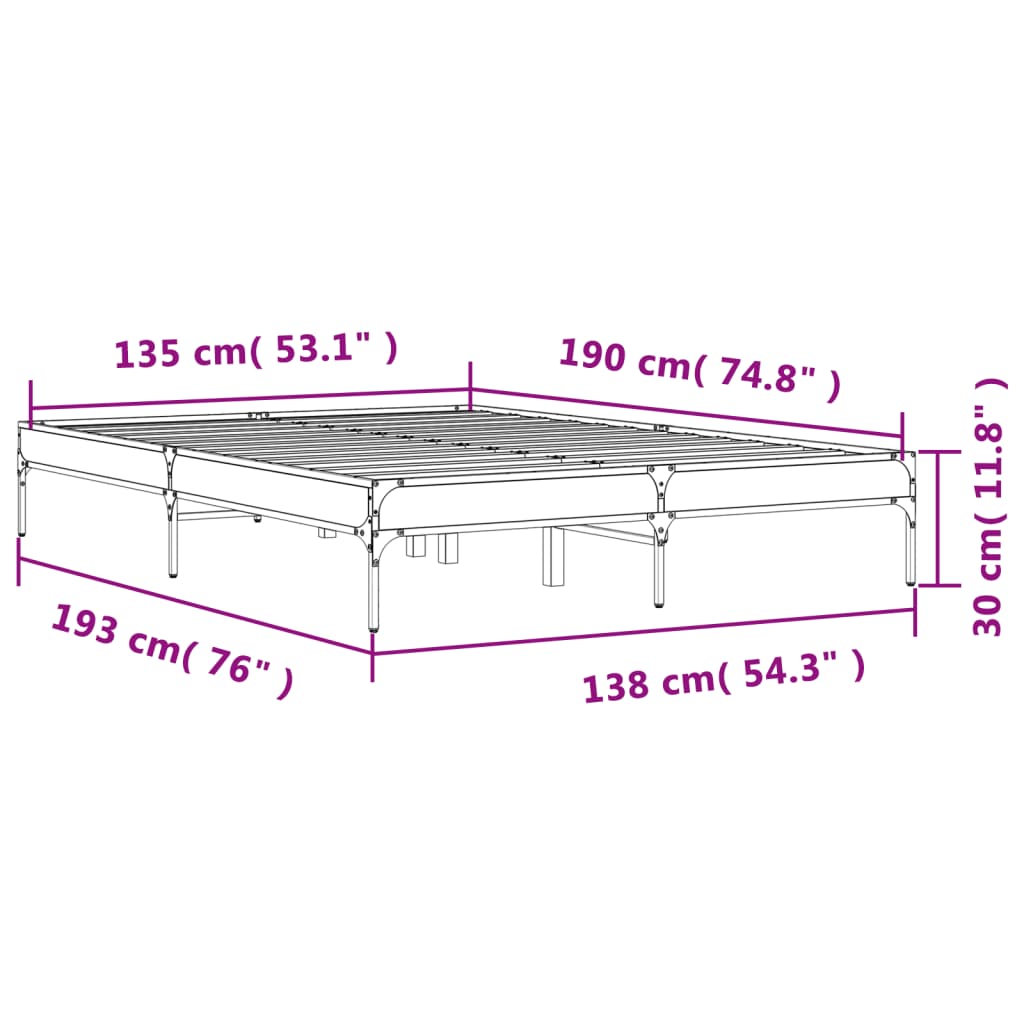 vidaXL Sängram rökfärgad ek 135x190 cm konstruerat trä och metall