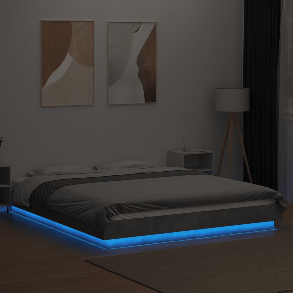 vidaXL Sängram med LEDs betonggrå 160x200 cm konstruerat trä