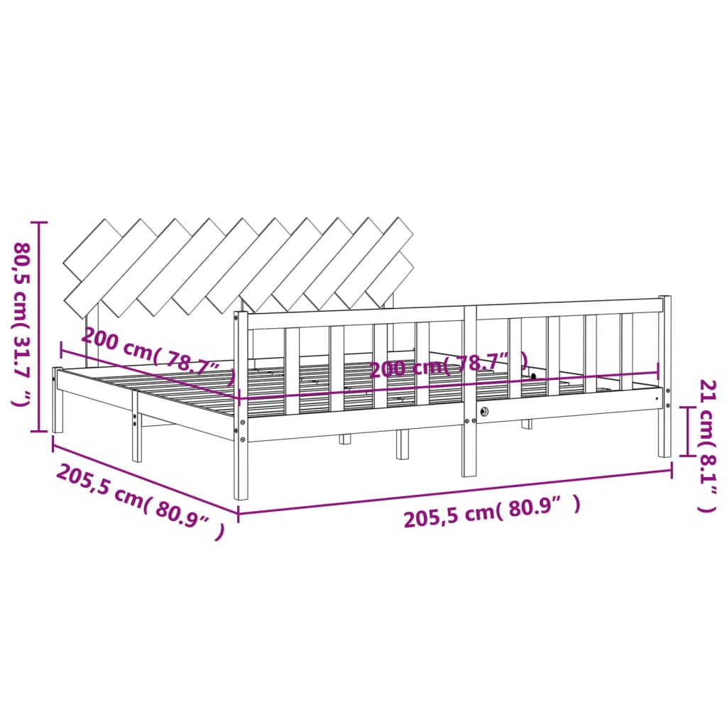 vidaXL Sängram med huvudgavel grå 200x200 cm massivt trä