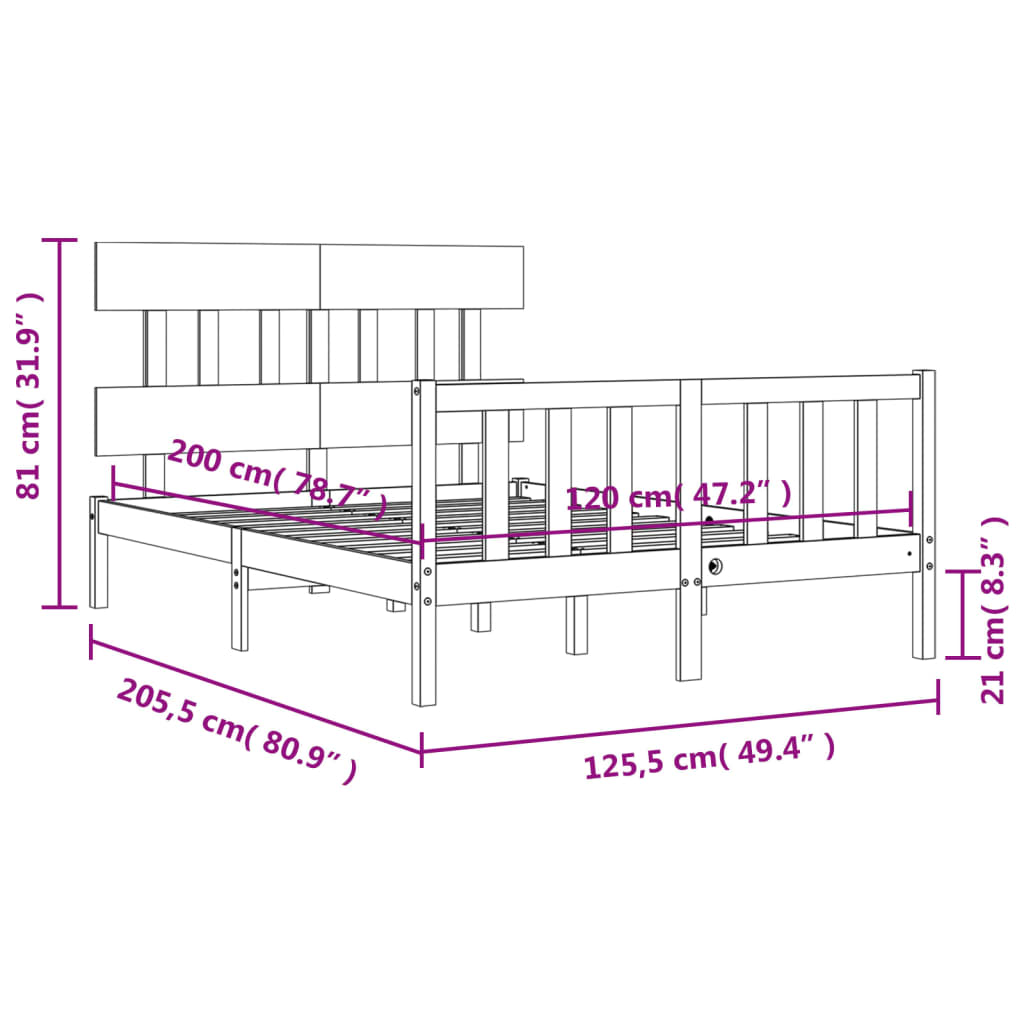 vidaXL Sängram med huvudgavel vit 120x200 cm massivt trä