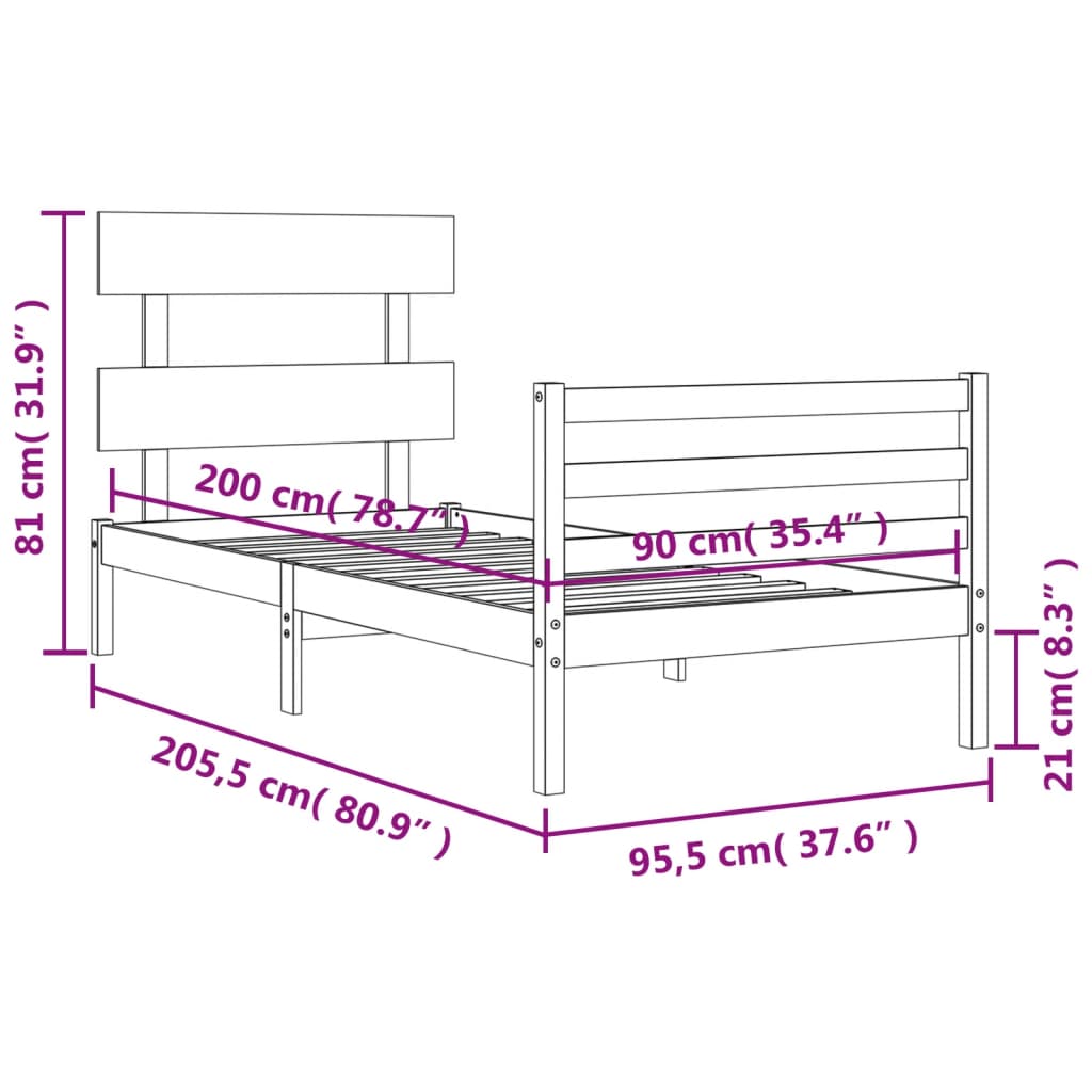 vidaXL Sängram med huvudgavel 90x200 cm massivt trä