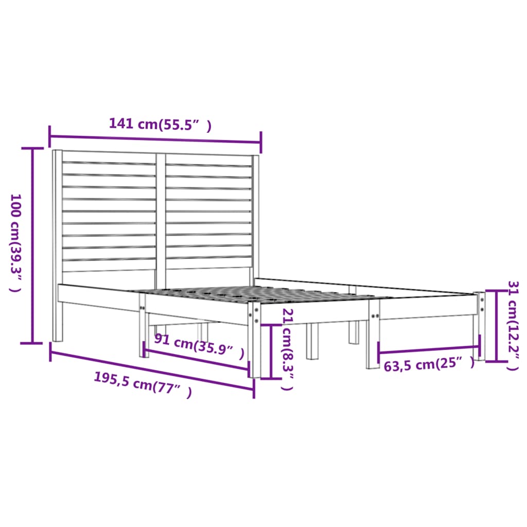 vidaXL Sängram vit massivt trä 135x190 cm