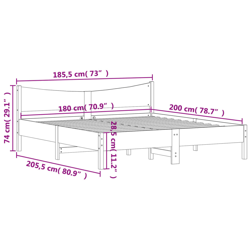 vidaXL Sängram utan madrass vit 180x200 cm massiv furu