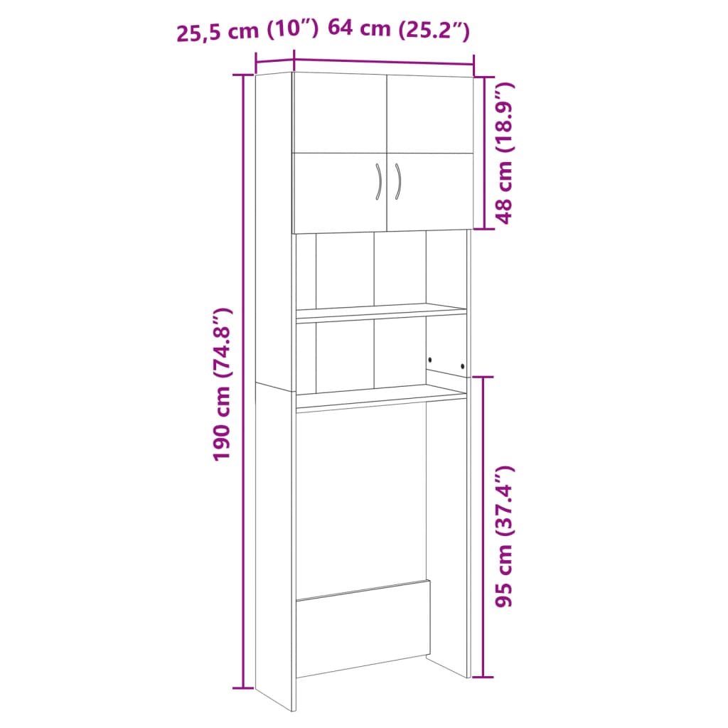 vidaXL Tvättmaskinsskåp sonoma-ek 64x25,5x190 cm konstruerat trä