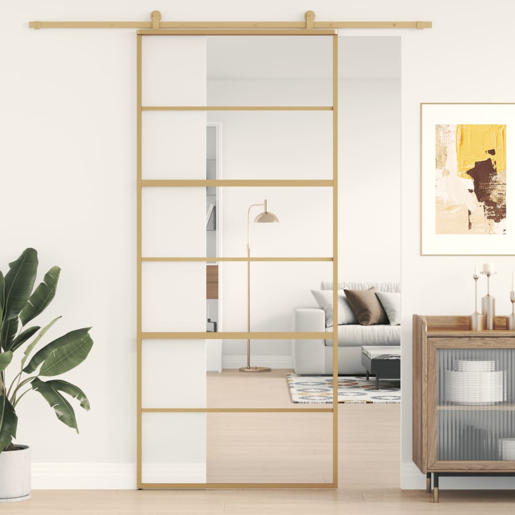 vidaXL Skjutdörr guld 90x205 cm klart ESG-glas och aluminium