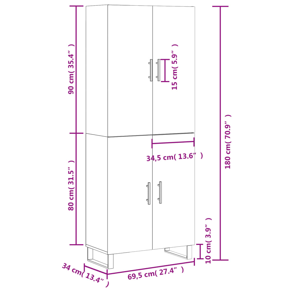 vidaXL Högskåp betonggrå 69,5x34x180 cm konstruerat trä