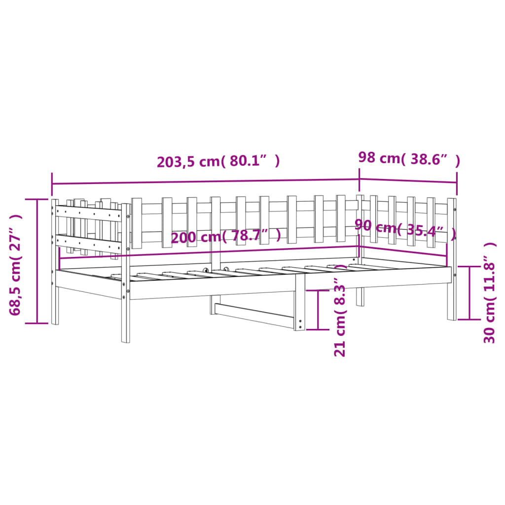 vidaXL Dagbädd svart 90x200 cm massiv furu