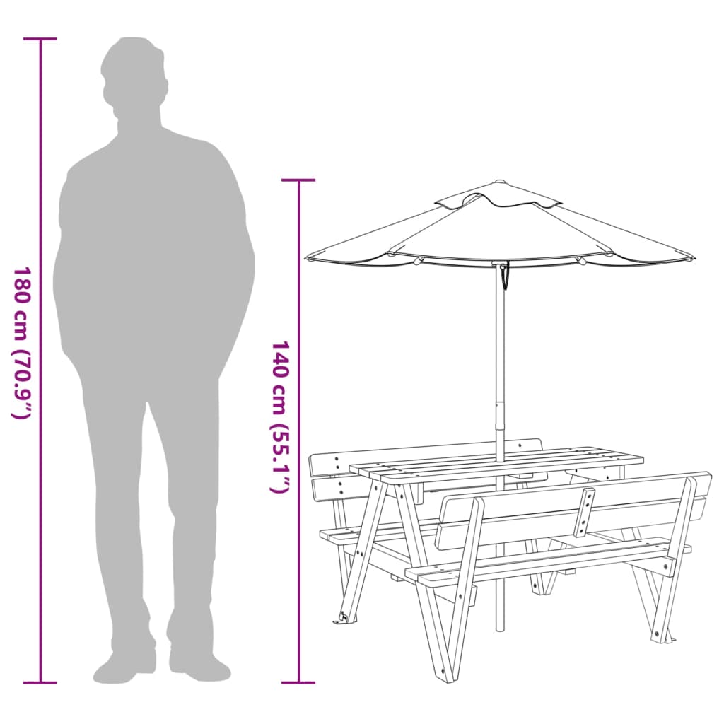 vidaXL Picknickbord med parasoll för 4 barn massivt granträ