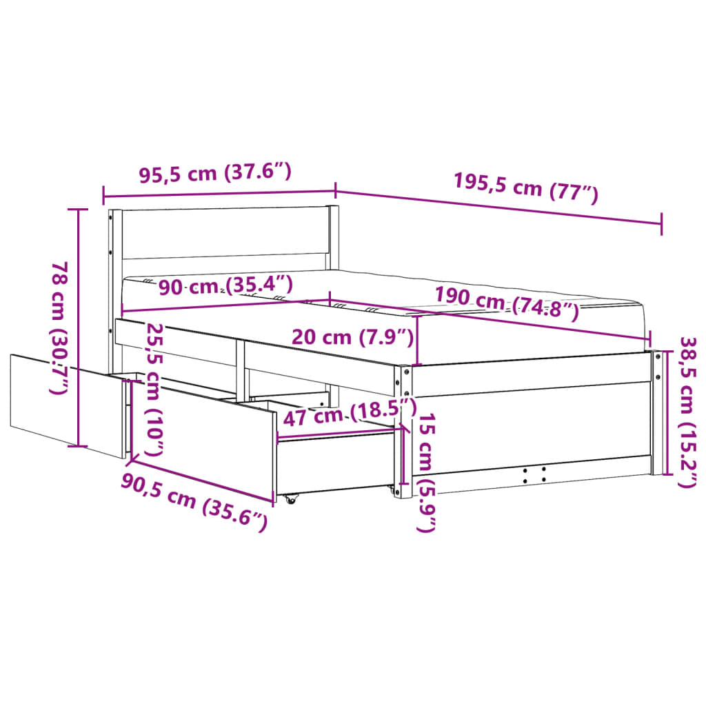 vidaXL Sängram med lådor och madrass vit 90x190 cm massiv furu