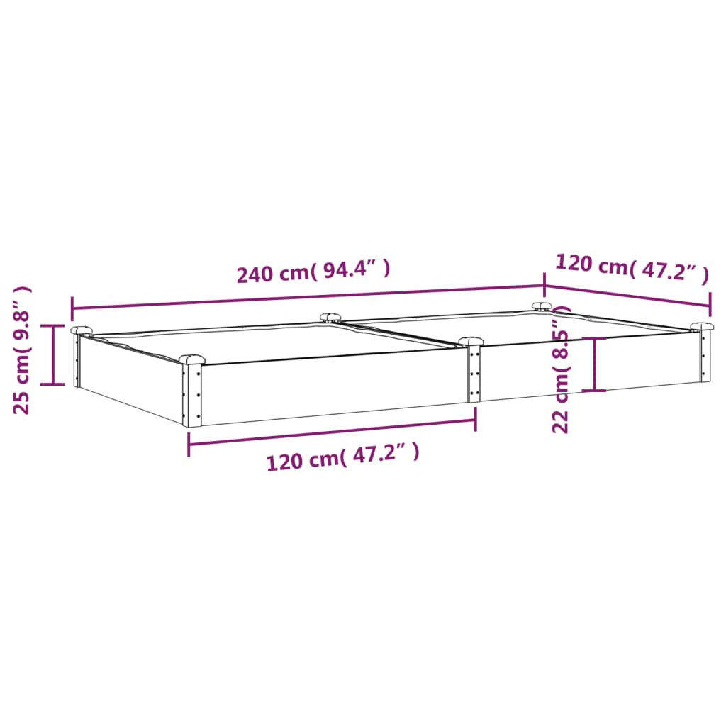 vidaXL Odlingslåda med foder brun 240x120x25 cm massivt granträ