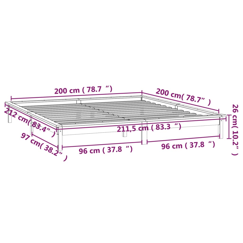 vidaXL Sängram LED honungsbrun 200x200 cm massivt trä