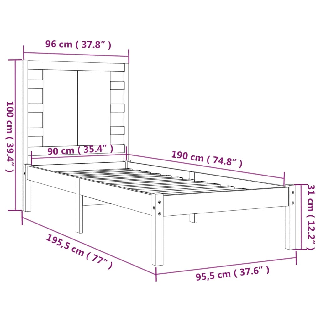 vidaXL Sängram svart massivt trä 90x190 cm