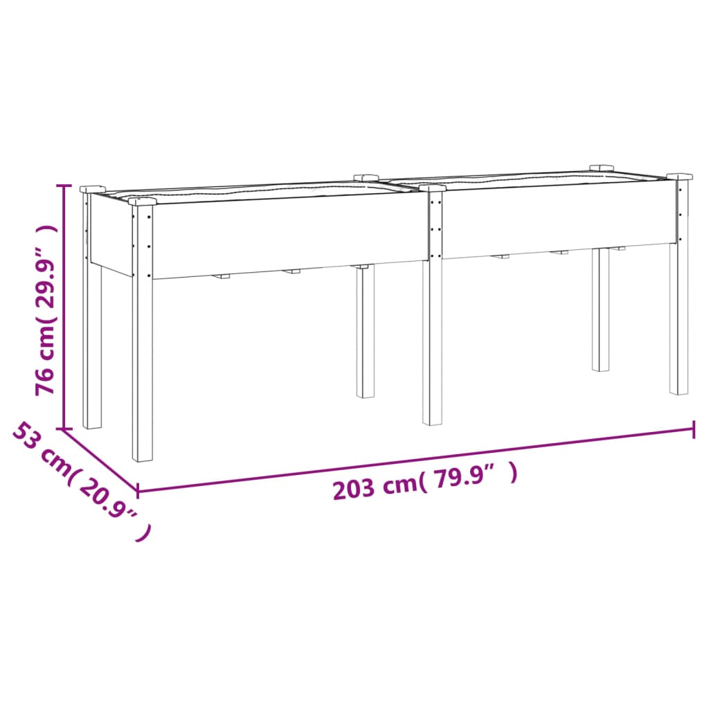 vidaXL Odlingslåda med foder 203x53x76 cm massivt granträ