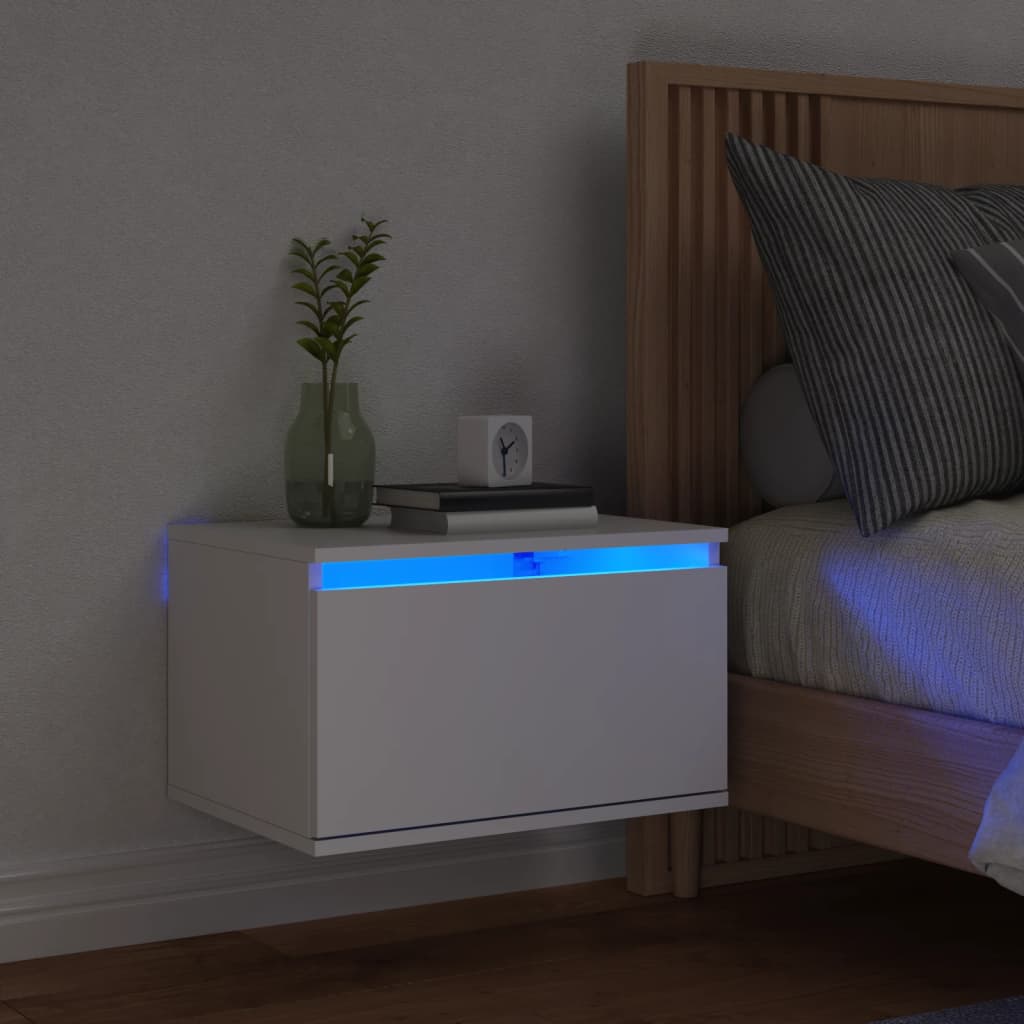 vidaXL Väggmonterat sängbord med LED-lampor vit