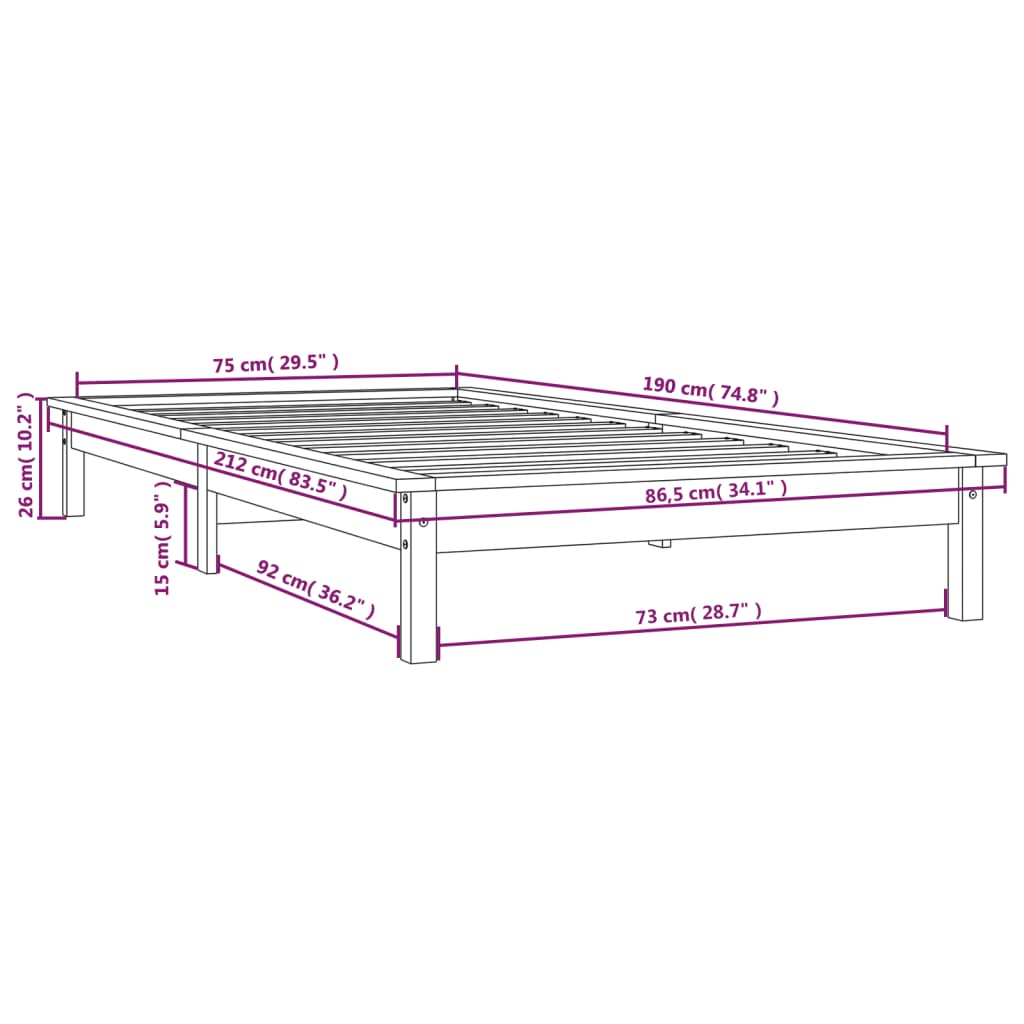 vidaXL Sängram 75x190 cm massiv furu honungsbrun