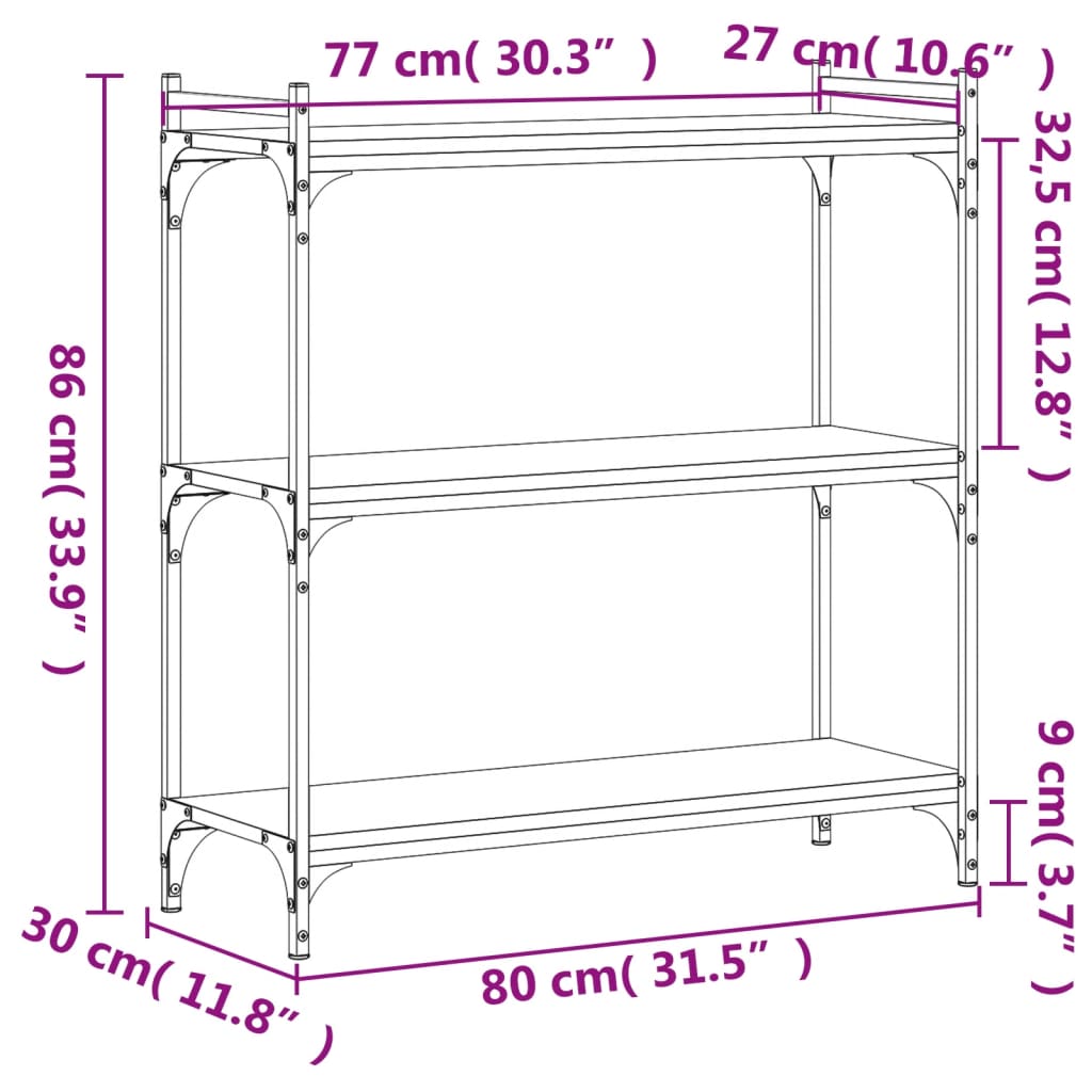 vidaXL Bokhylla 3 hyllplan rökfärgad ek 80x30x86 cm konstruerat trä