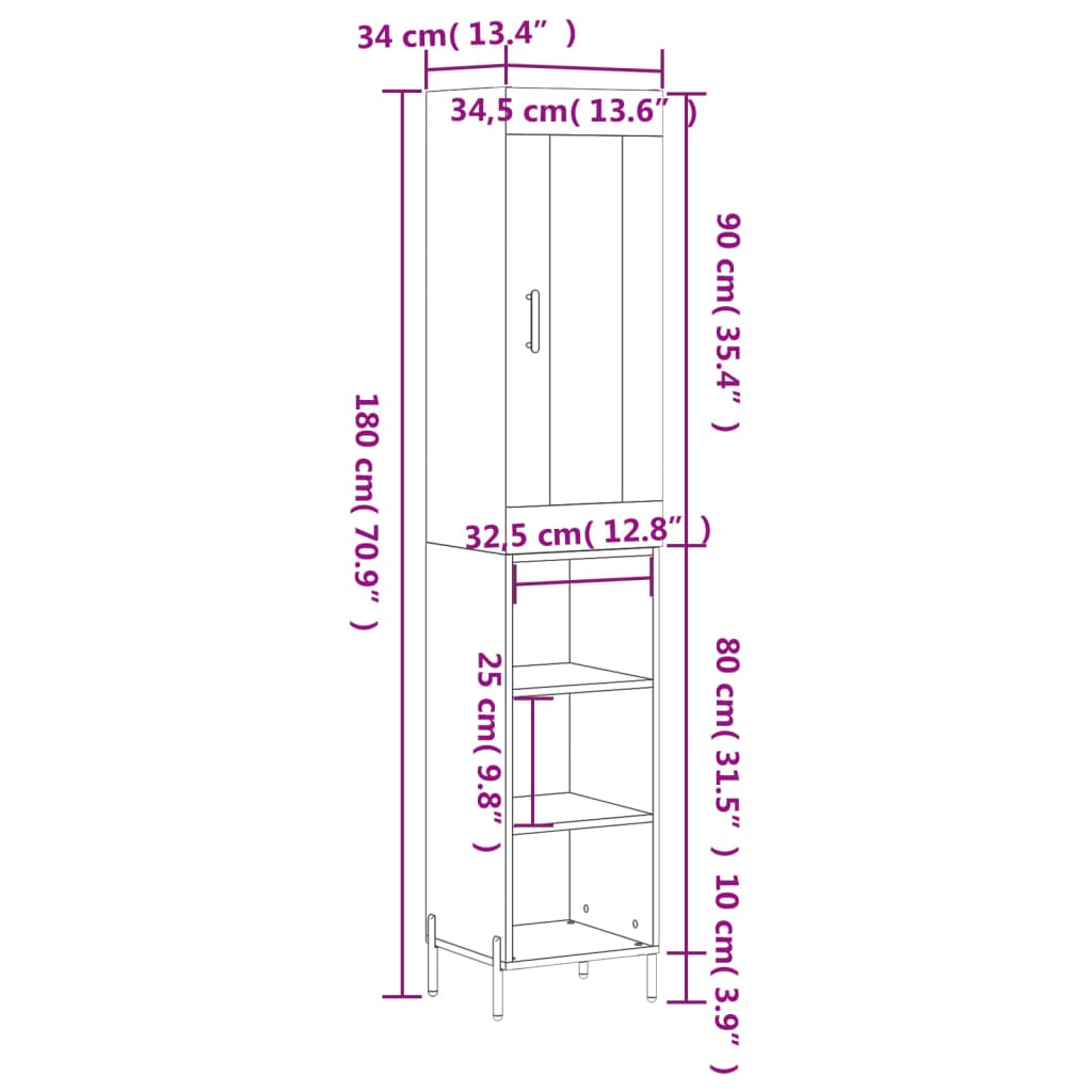 vidaXL Högskåp vit högglans 34,5x34x180 cm konstruerat trä