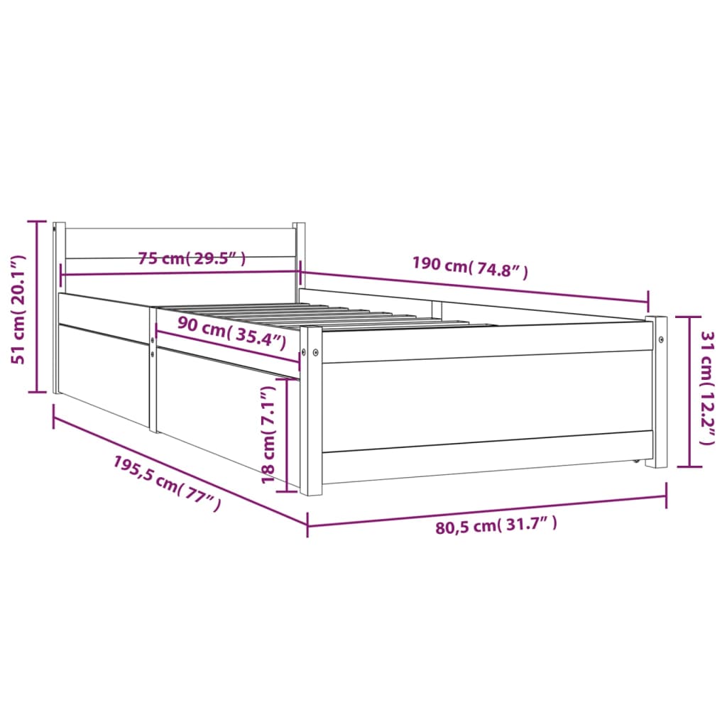 vidaXL Sängram med lådor vit 75x190 cm