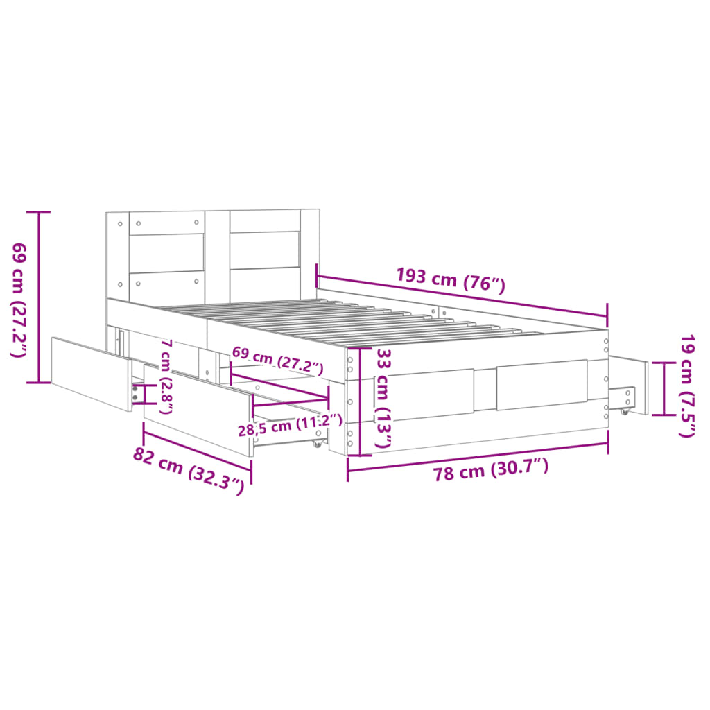 vidaXL Sängram med huvudgavel svart 75x190 cm konstruerad trä