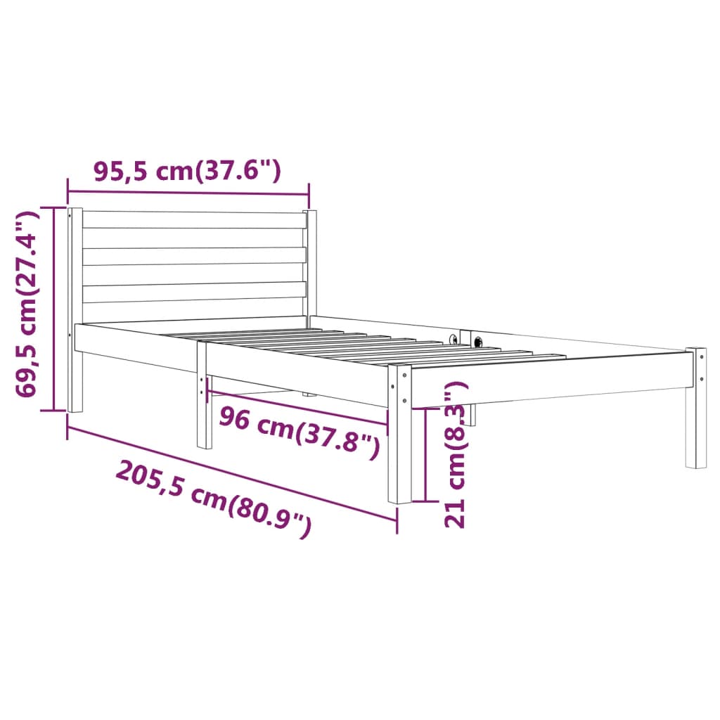 vidaXL Sängram vit massiv furu 90x200 cm