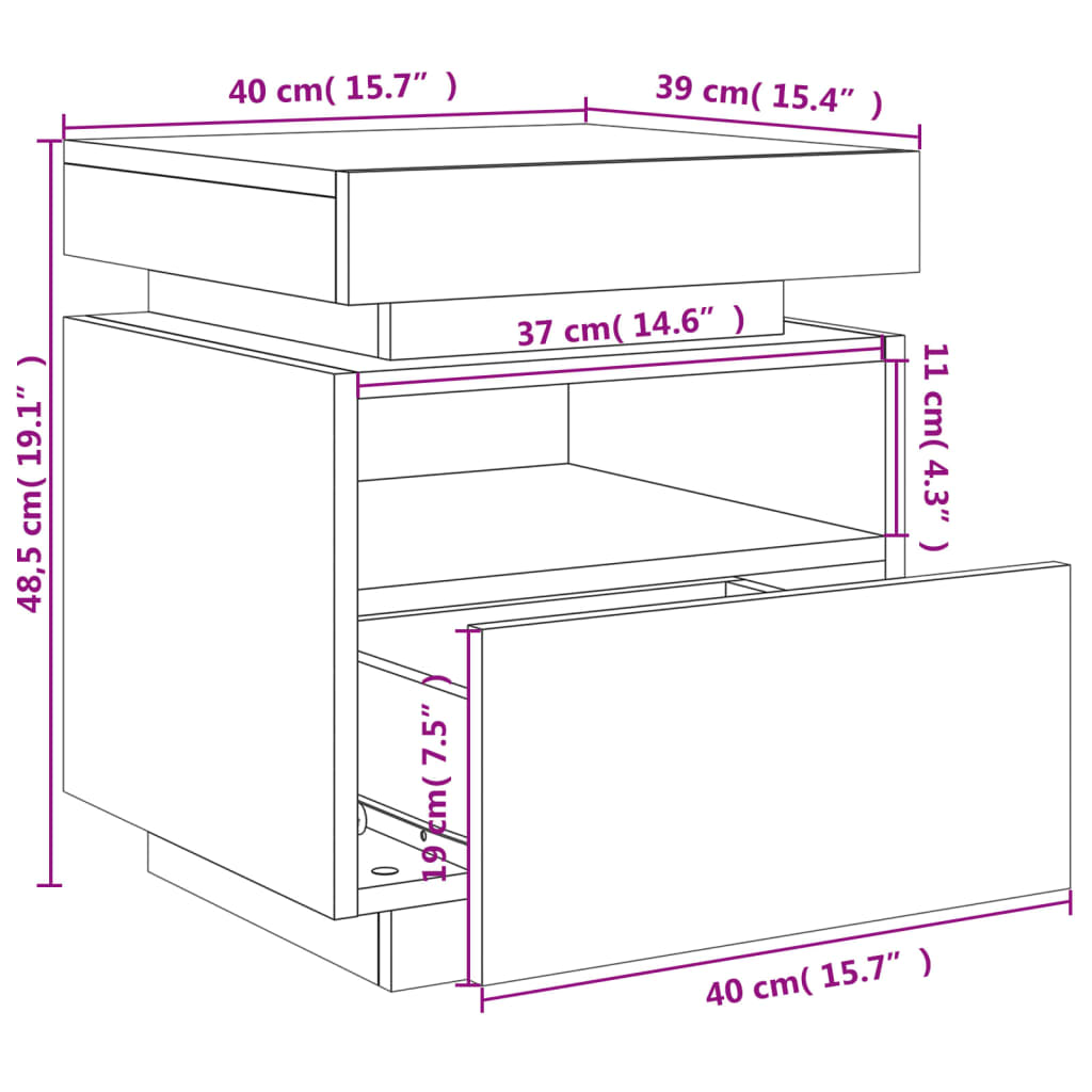 vidaXL Sängbord med LED-belysning rökfärgad ek 40x39x48,5 cm