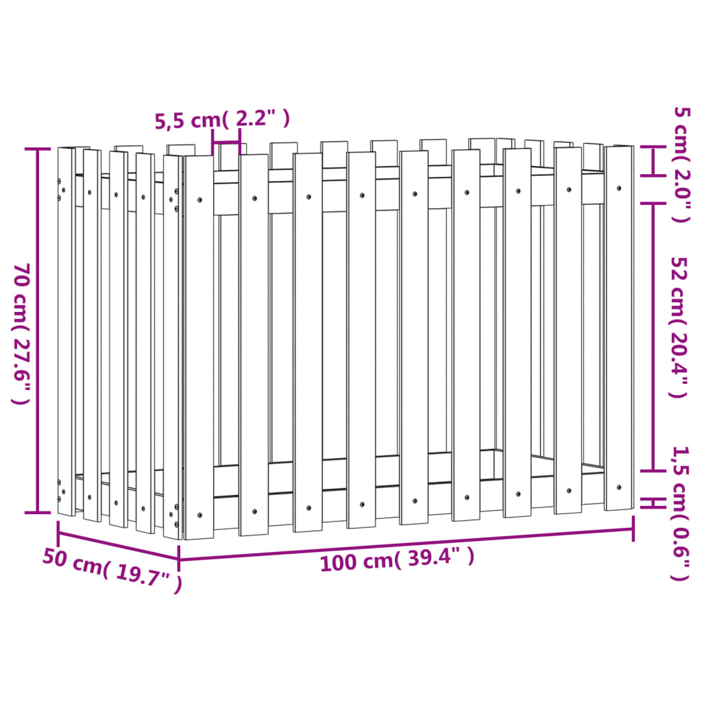 vidaXL Odlingslåda med staket-design vit 100x50x70 cm massiv furu