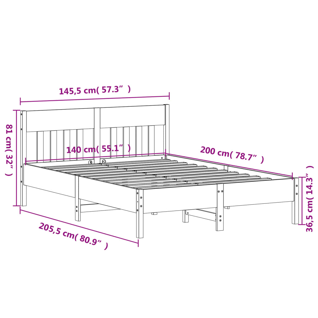 vidaXL Sängram utan madrass vaxbrun 140x200 cm massiv furu