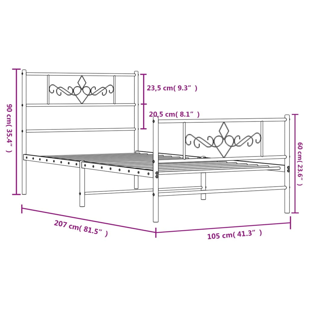 vidaXL Sängram med huvudgavel och fotgavel vit metall 100x200 cm