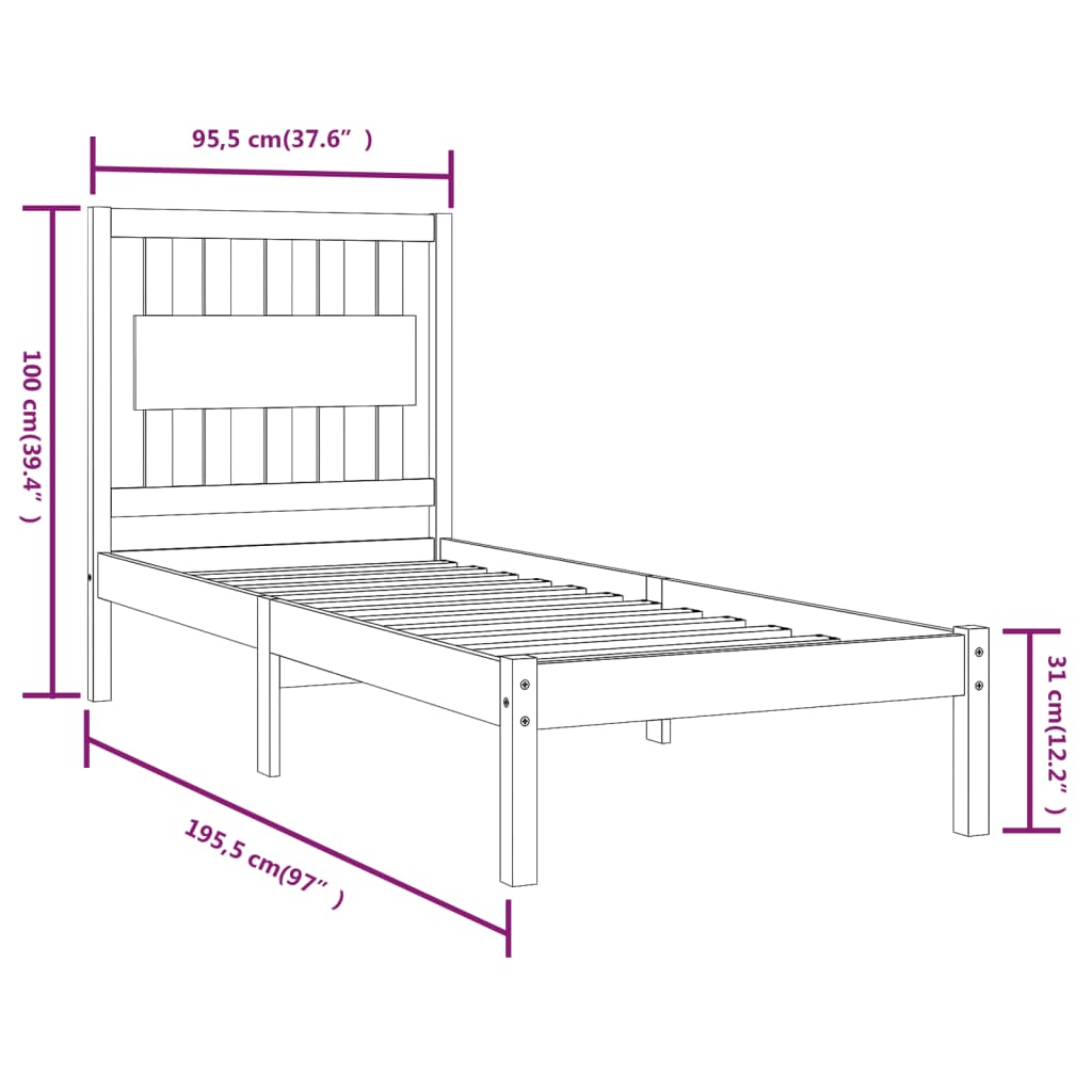 vidaXL Sängram svart massiv furu 90x190 cm