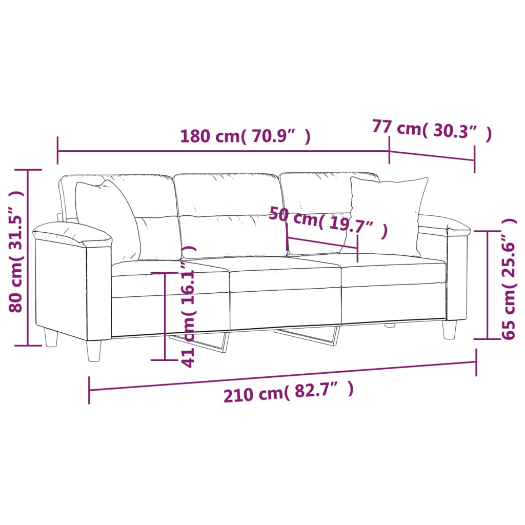 vidaXL 3-sitssoffa med kuddar&delar mörkgrå 180 cm mikrofibertyg