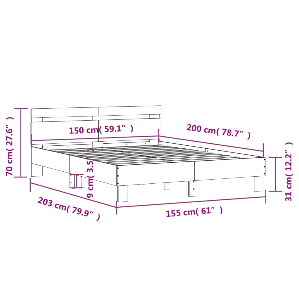 vidaXL Sängram med huvudgavel betonggrå 150x200 cm konstruerat trä