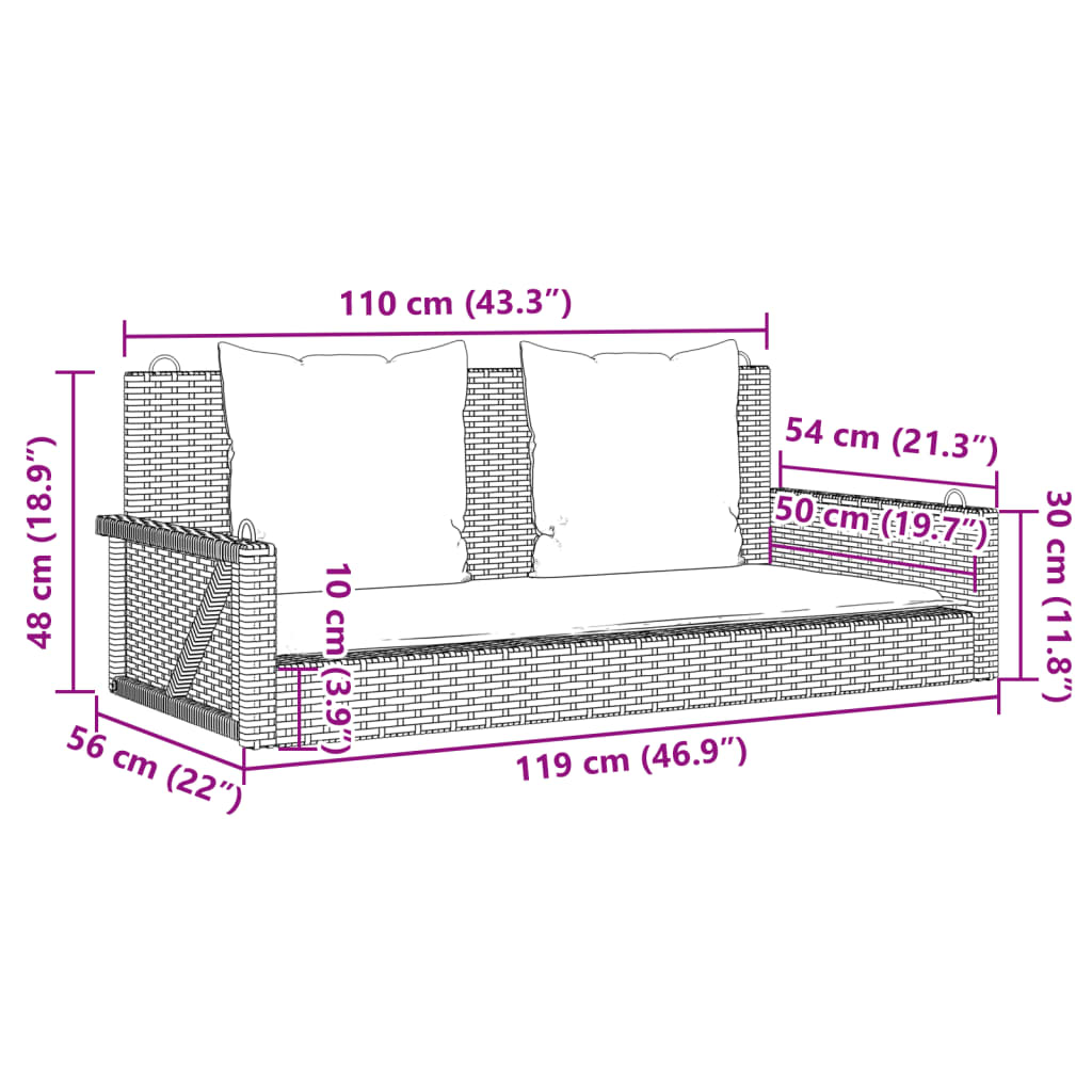 vidaXL Gungbänk med dynor brun 119x56x48 cm konstrotting