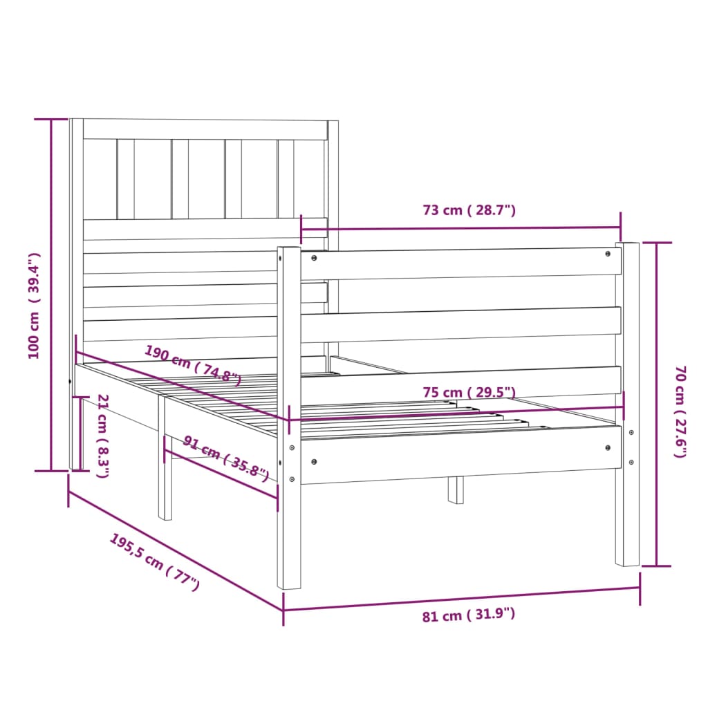 vidaXL Sängram massivt trä 75x190 cm