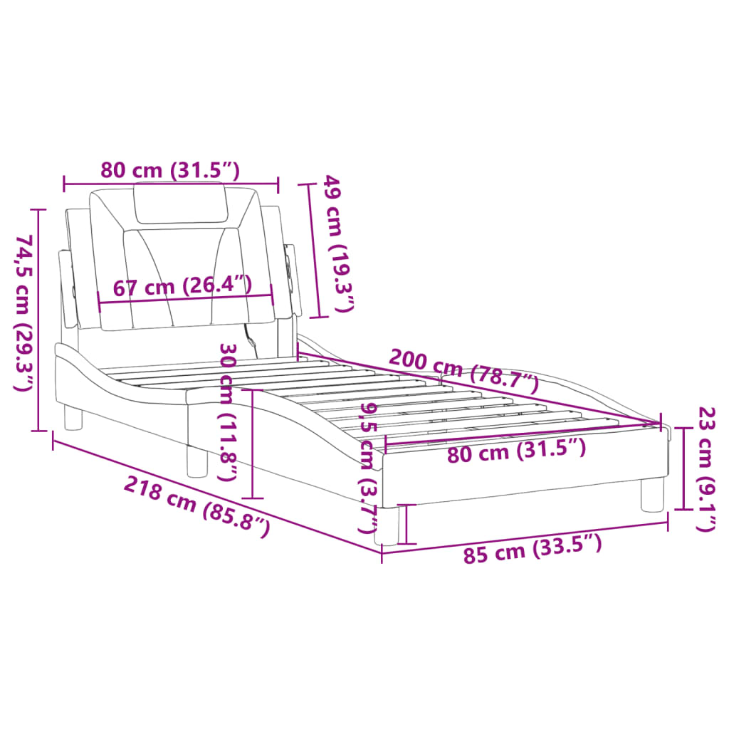 vidaXL Sängram med LED-belysning vit och svart 80x200 cm konstläder