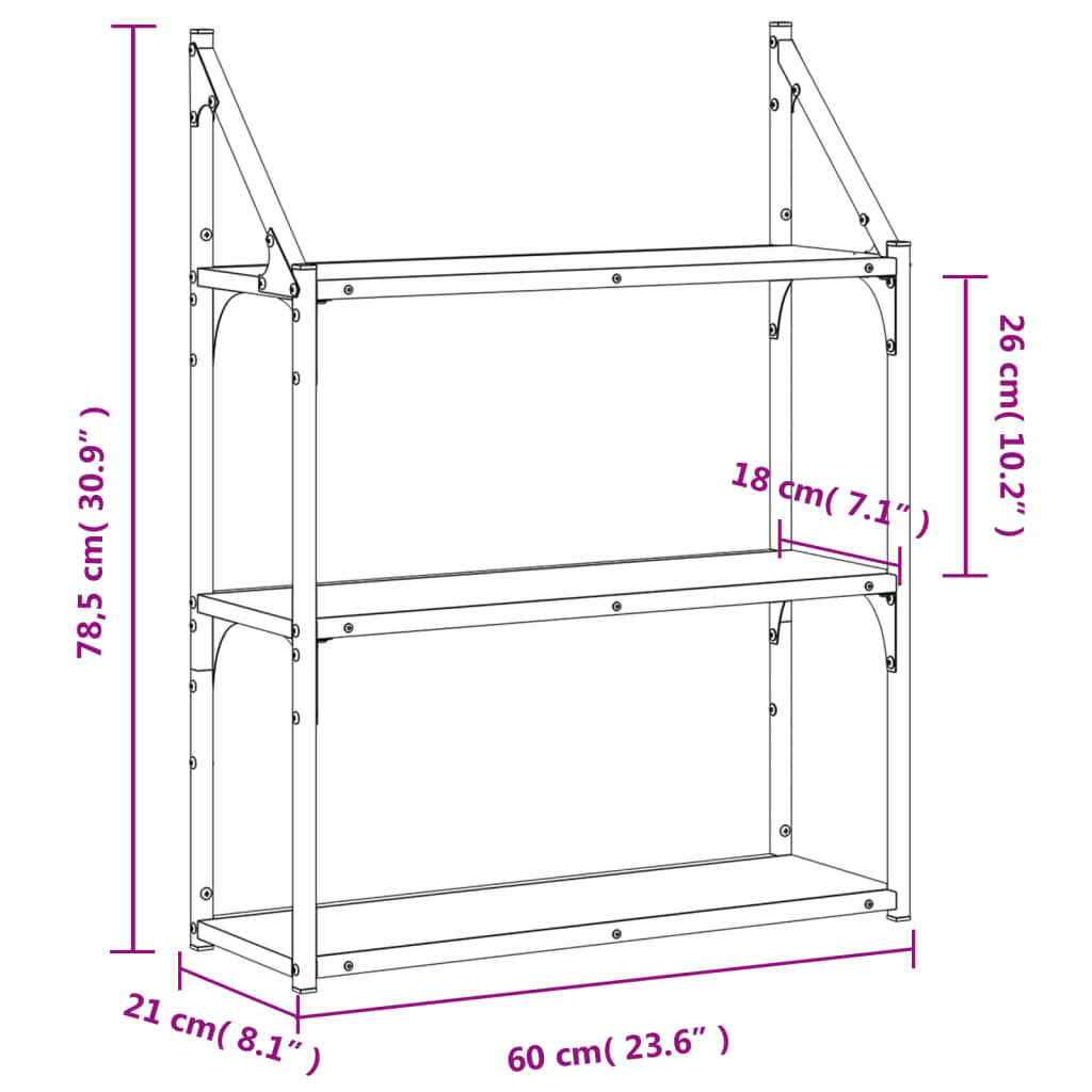 vidaXL Vägghylla 3 hyllor brun ek 60x21x78,5 cm konstruerat trä