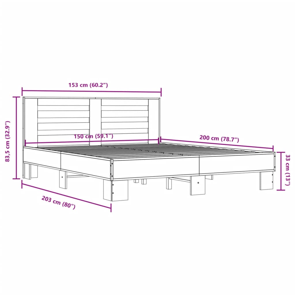 vidaXL Sängram sonoma-ek 150x200 cm konstruerad trä och metall