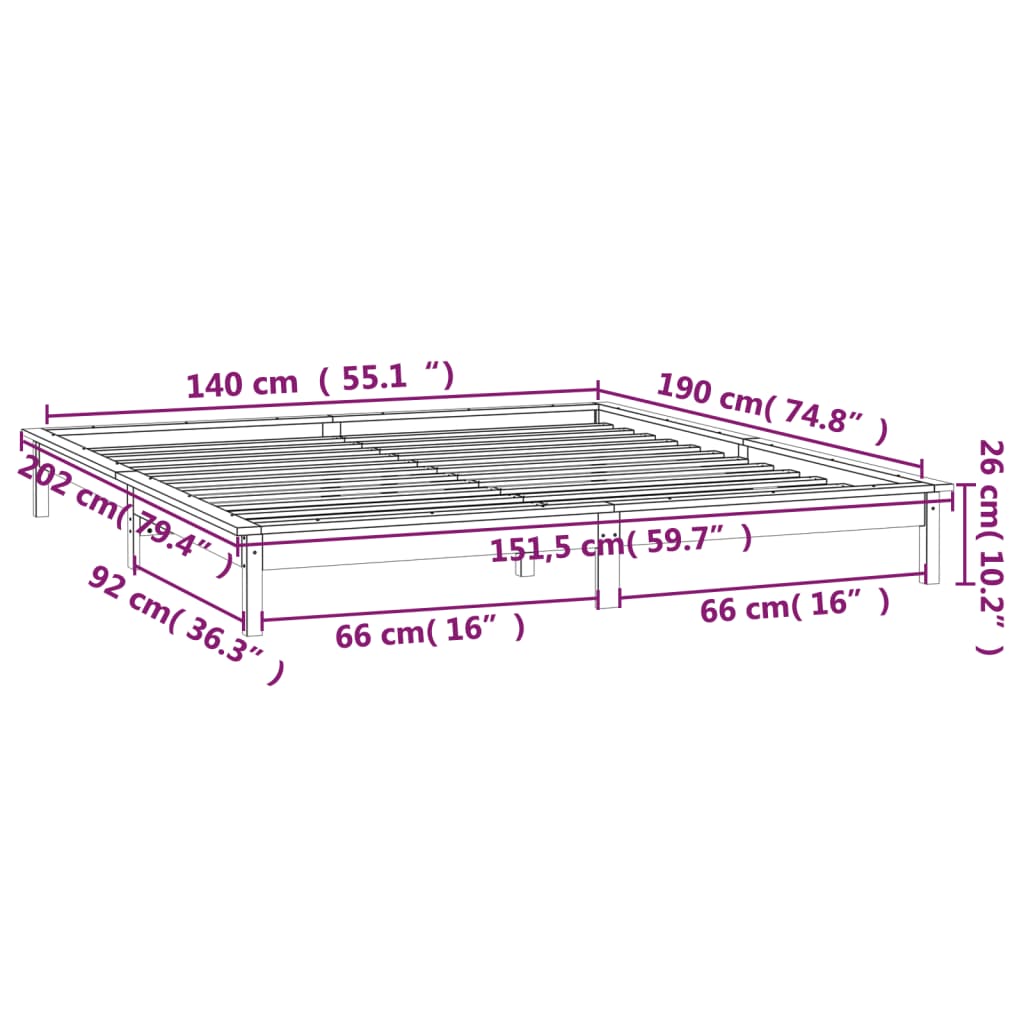 vidaXL Sängram LED vit 140x190 cm massivt trä