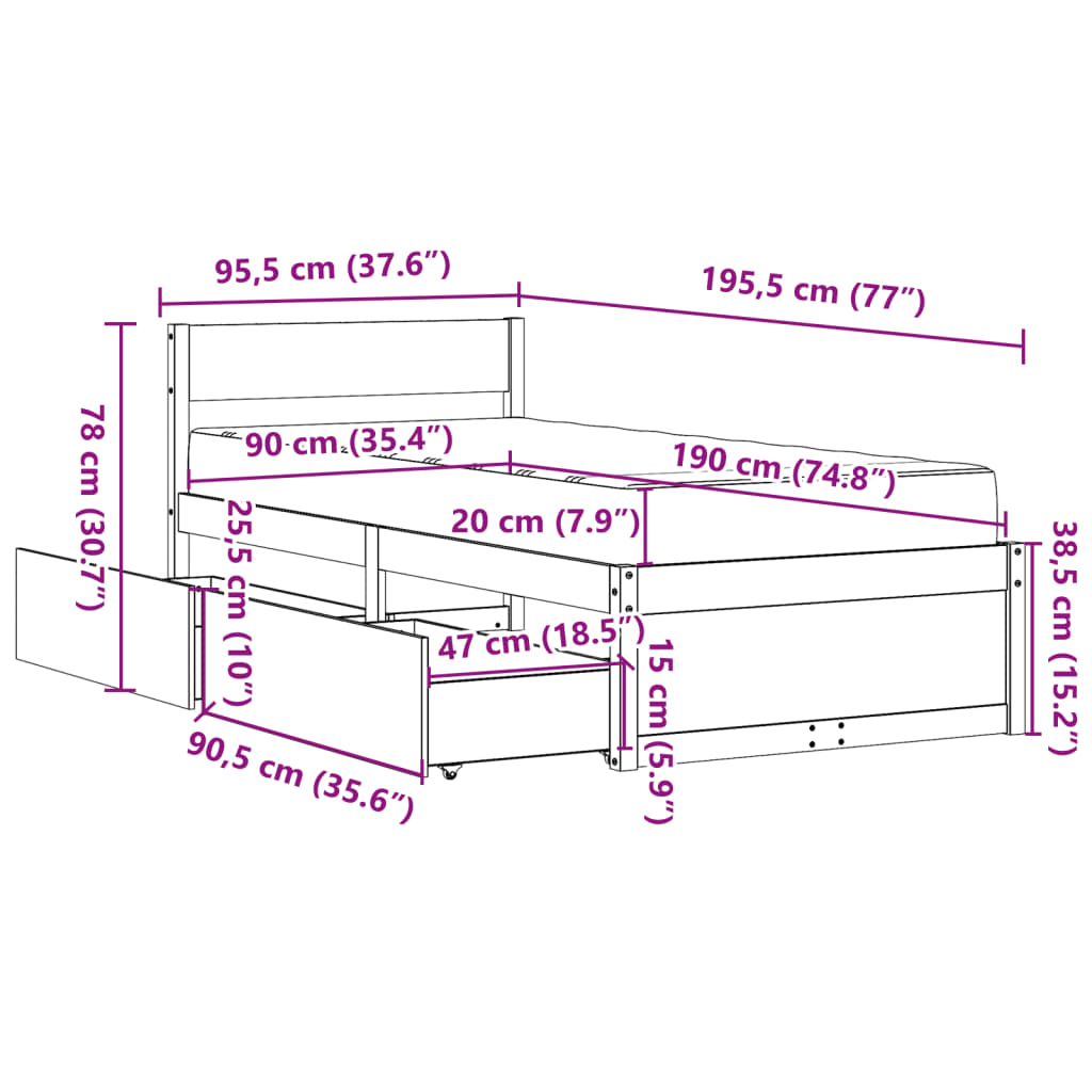 vidaXL Sängram med lådor och madrass 90x190 cm massiv furu