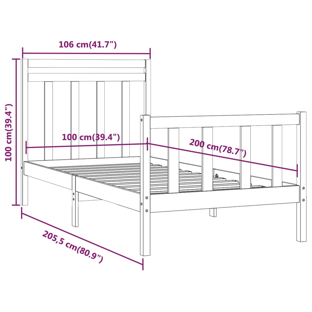 vidaXL Sängram vit massiv furu 100x200 cm