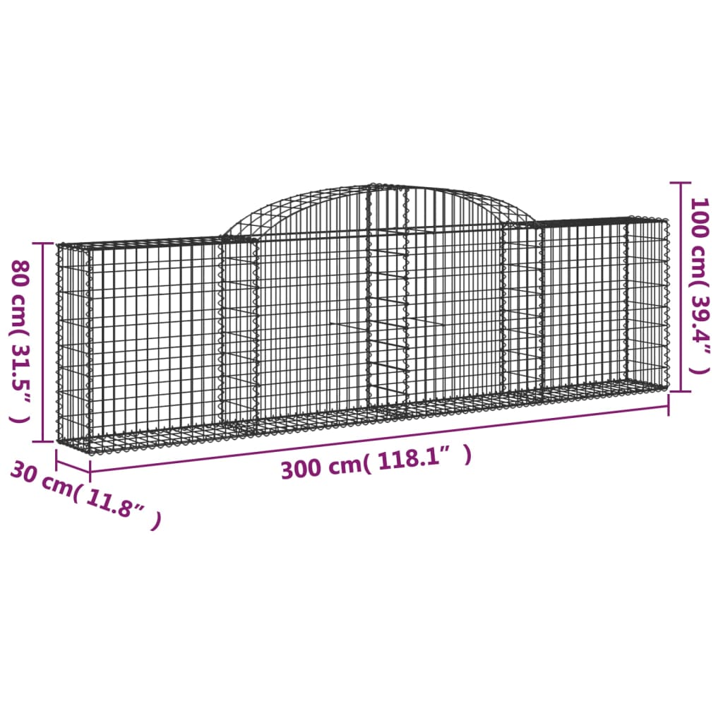 vidaXL Gabioner bågformade 3 st 300x30x80/100 cm galvaniserat järn