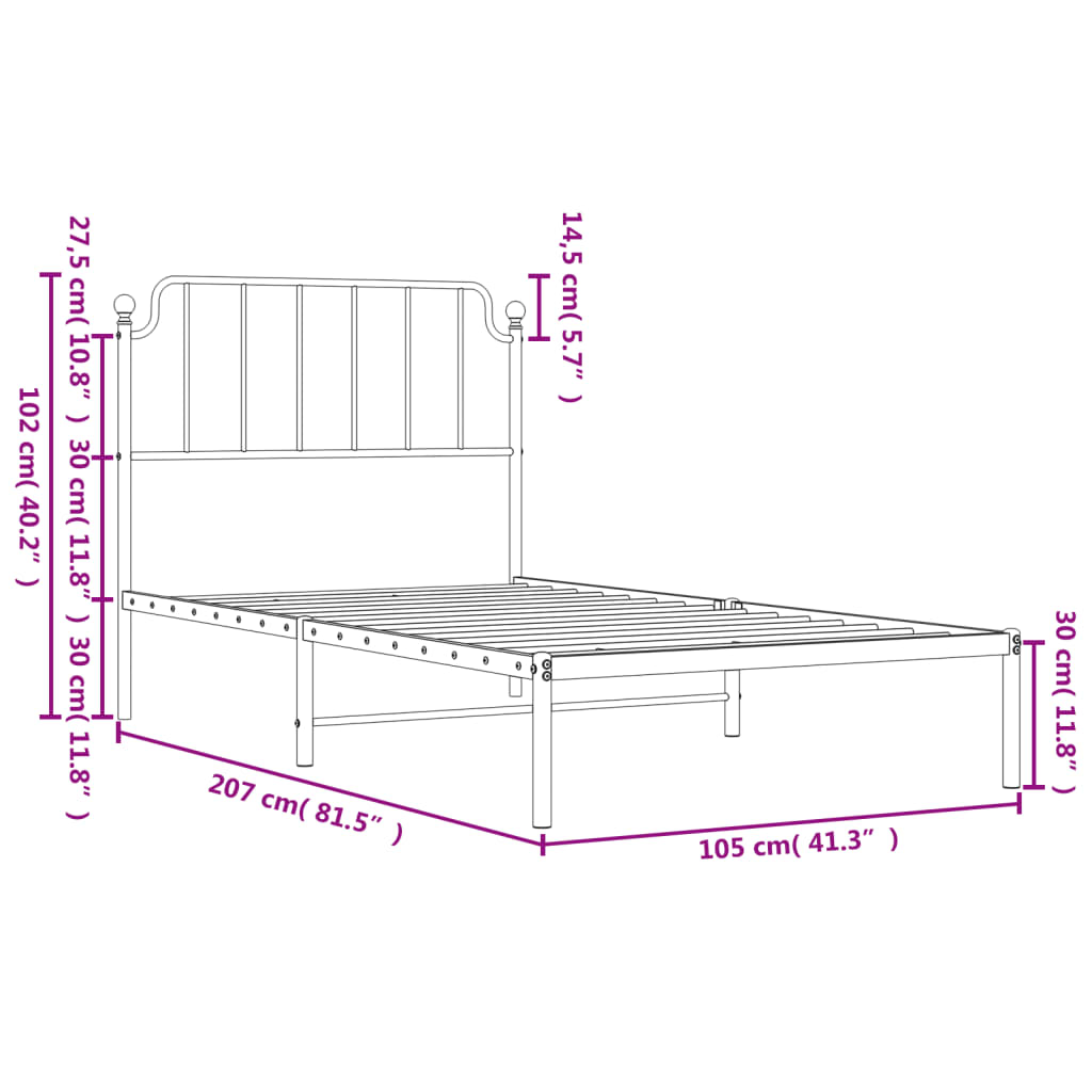 vidaXL Sängram med huvudgavel metall vit 100x200 cm