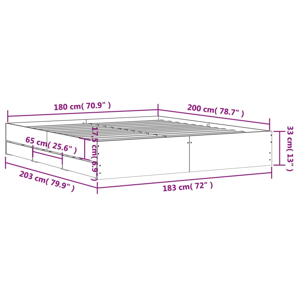 vidaXL Sängram med lådor sonoma-ek 180x200 cm konstruerat trä