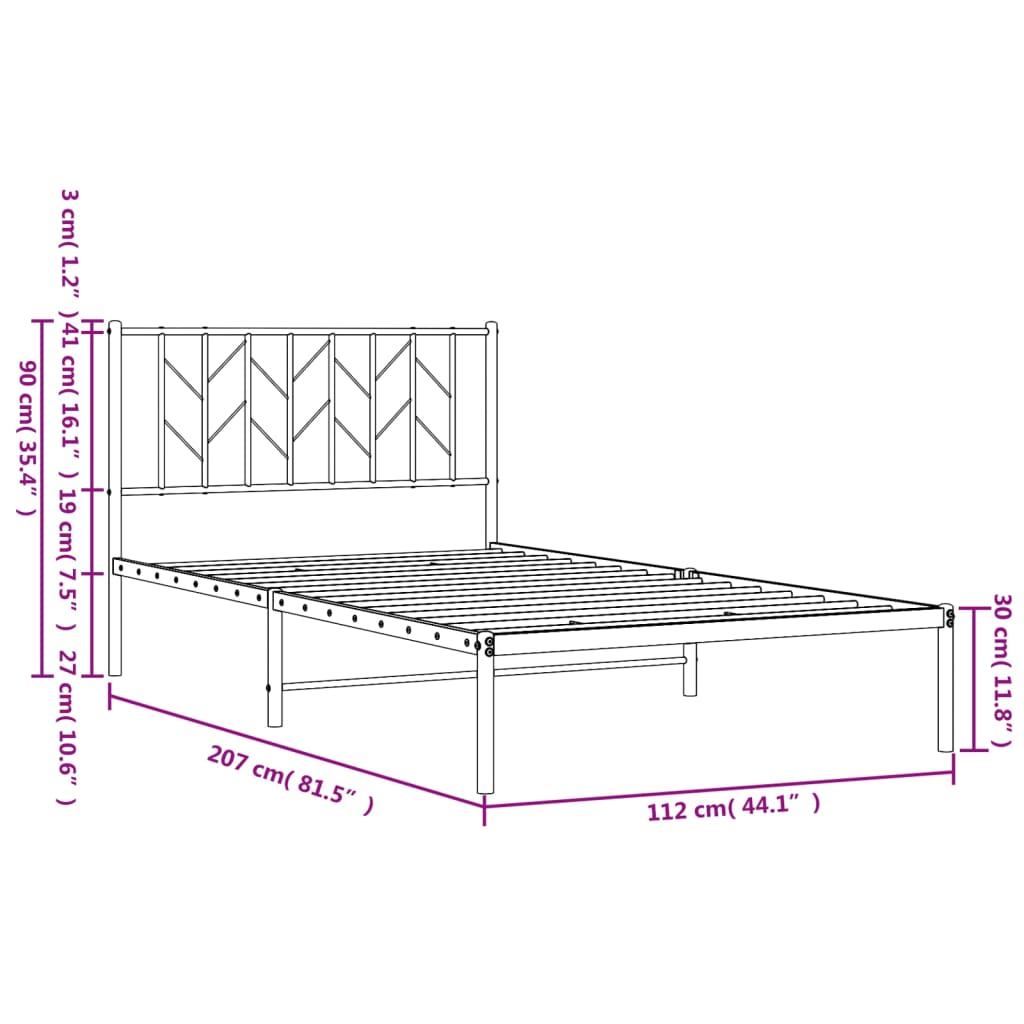 vidaXL Sängram med huvudgavel metall svart 107x203 cm